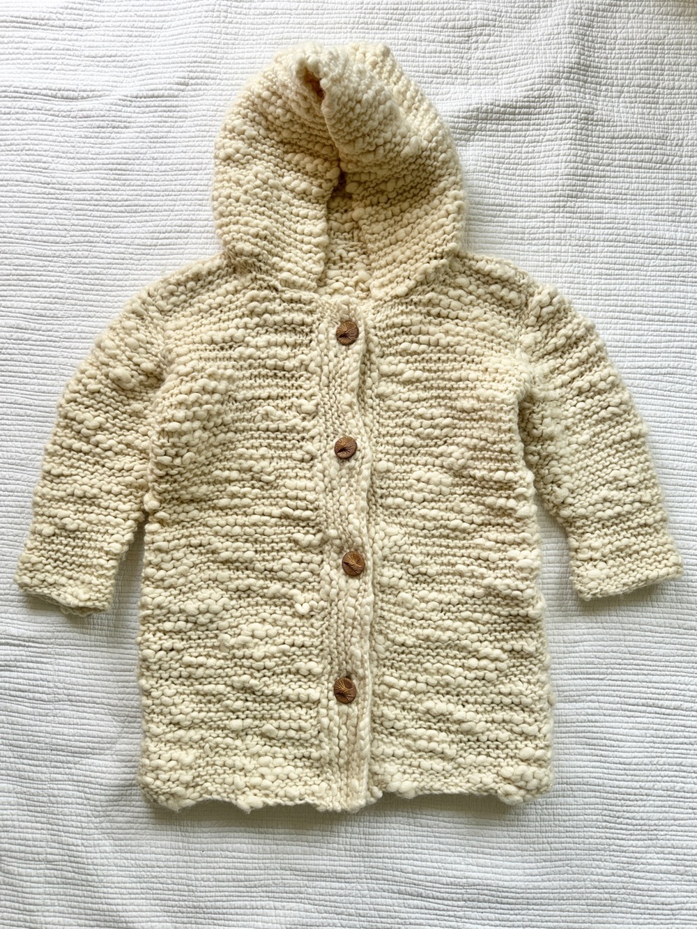 Vintage Handmade Girls Cream Wool Hooded Knit Sweater Jacket Cardigan Coat L